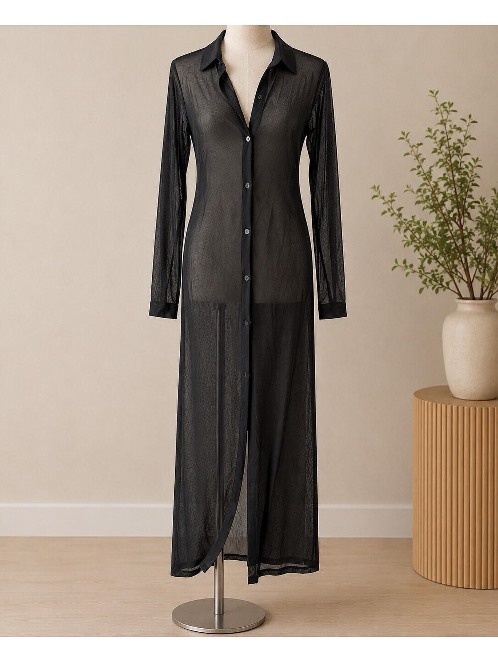 Black Sheer Collared Button-Front Long Sleeve Long Shirt Dress Women’s S